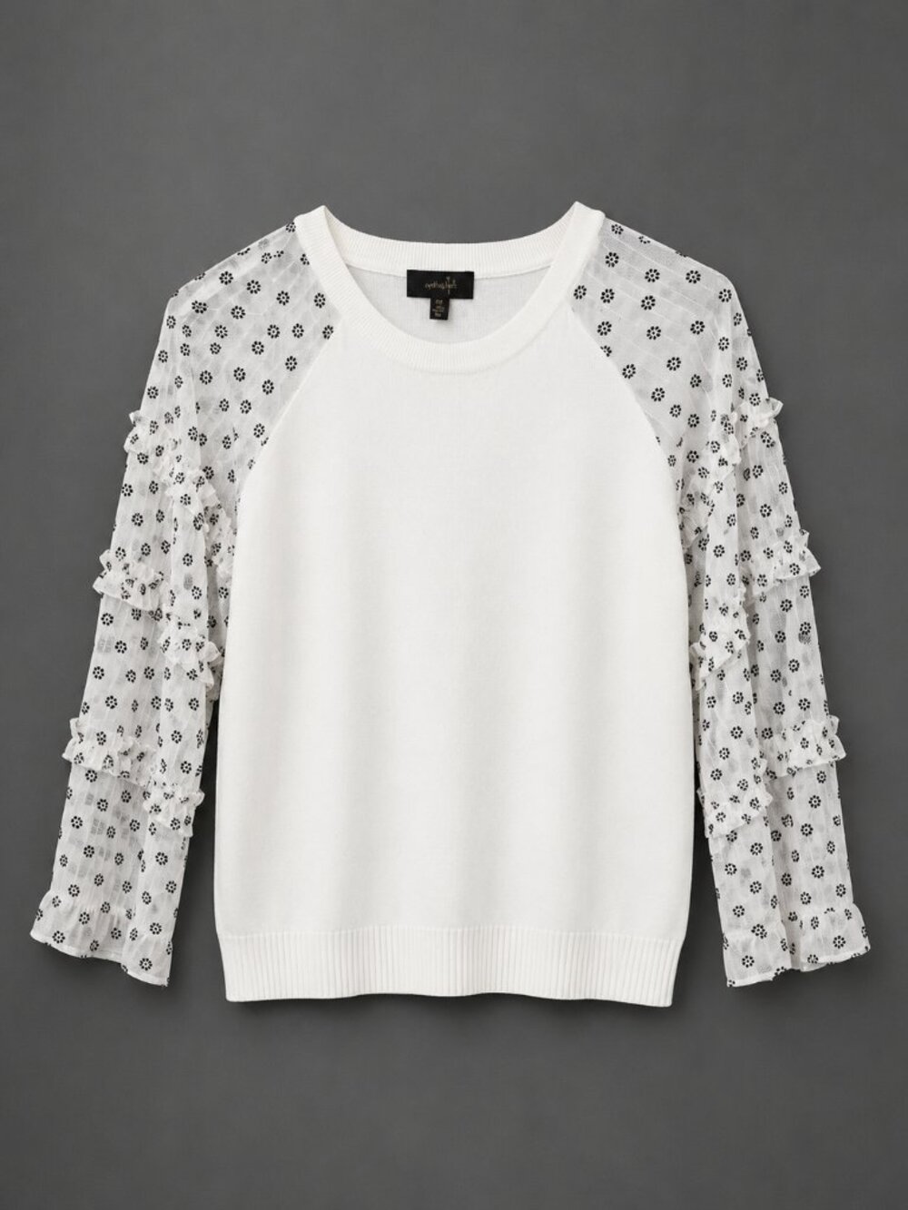 One World White Floral Ruffle Sleeve Mixed Media Sweater Size XL